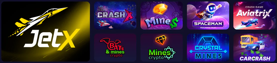 CazzyGames jeux crash et mines avec JetX, CrashX, Spaceman, Aviatrix et Crystal Mines