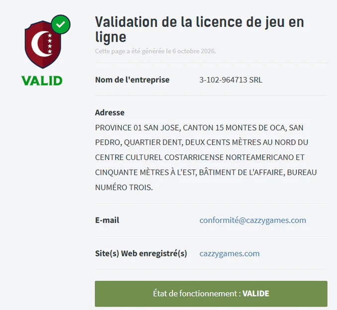 CazzyGames validation de la licence de jeu en ligne avec statut valide et informations de l’entreprise